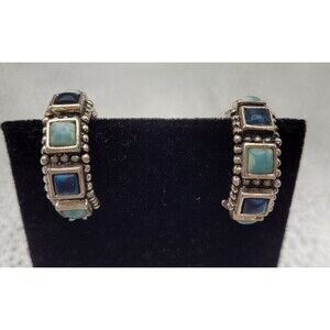 Silver Hoop Earrings with Square Blue & Turquoise Blue Stones